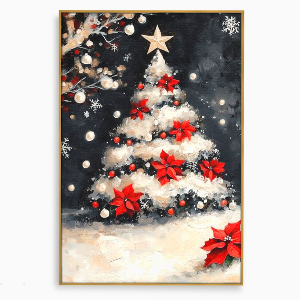 Tablou canvas cu tablou canvas cu brad de craciun pictat, in rama de aluminiu auriu
